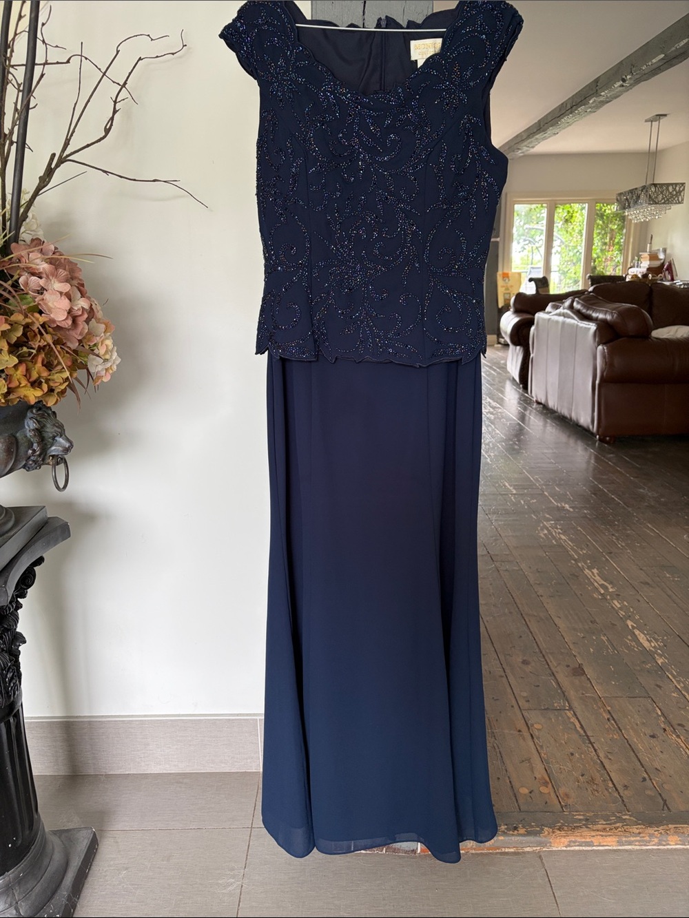 Elegant Navy Beaded Evening Dress - Women BY MONIQUE COLLECTION